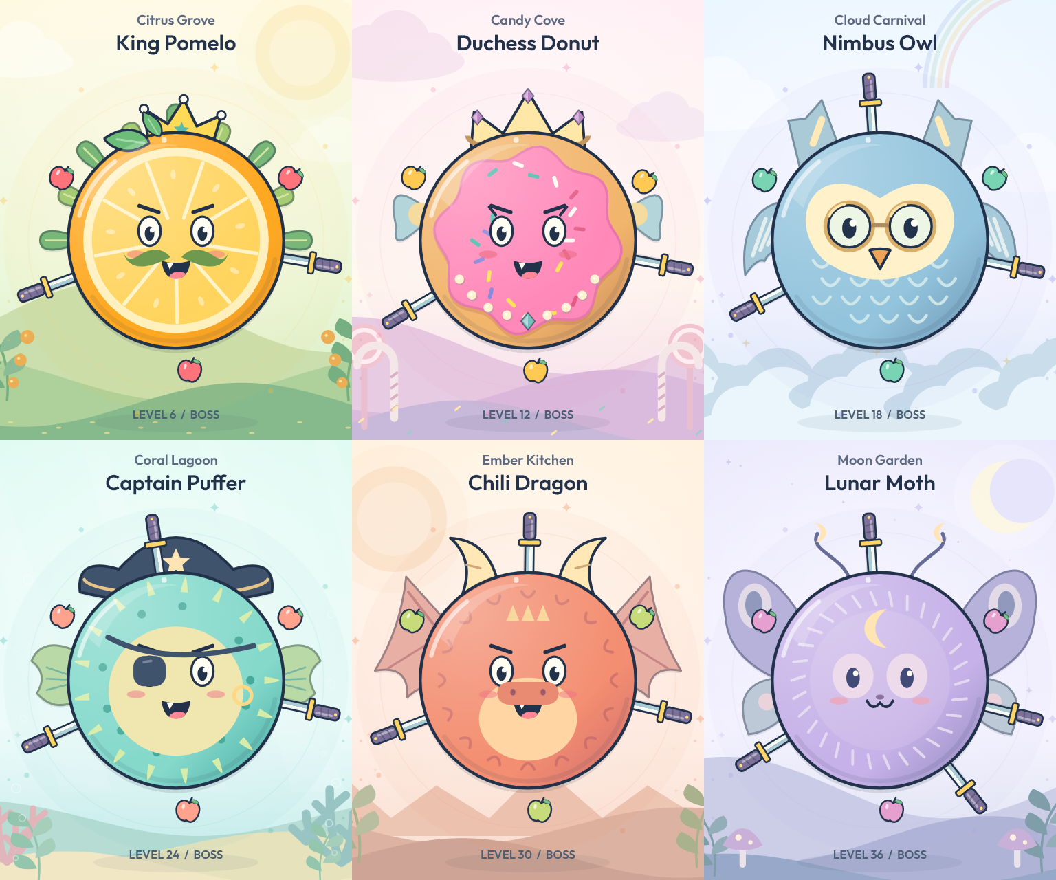 Six original bosses: King Pomelo, Duchess Donut, Nimbus Owl, Captain Puffer, Chili Dragon and Lunar Moth